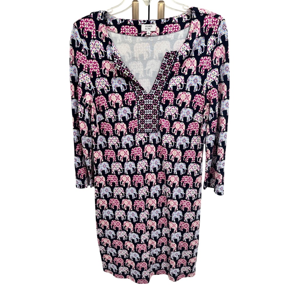 Crown & Ivy Elephant Print Tunic Dress Blue Pink Women's Size M‎